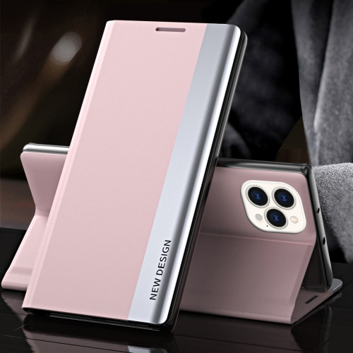 Side Electroplated Magnetic Ultra-Thin Horizontal Flip Leather Case with Holder for iPhone 13 Pro Max (Pink)