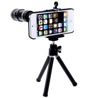iPhone 5用三脚+プラスチックケース付き12X光学ズームレンズ携帯電話の望遠鏡レンズ（ブラック）