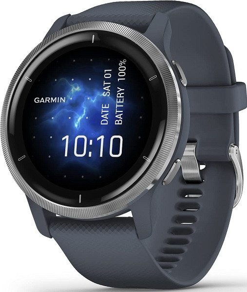 Garmin Venu 2 Silver Bezel with Blue Case and Silicone Band