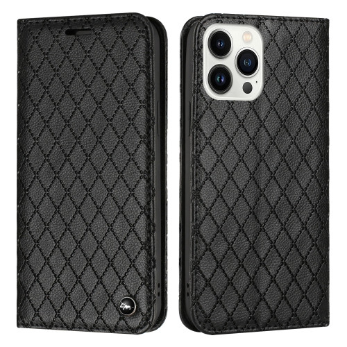 Diamond Lattice Flip Leather Phone Case for iPhone 14 Pro Max (Black)