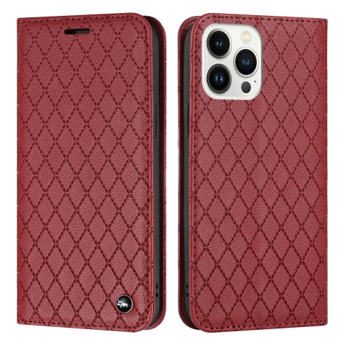 Diamond Lattice Flip Leather Phone Case for iPhone 14 Pro Max (Red)