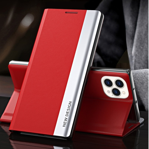 Side Electroplated Magnetic Ultra-Thin Horizontal Flip Leather Case with Holder for iPhone 13 Pro Max (Red)