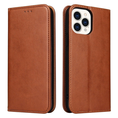 Fierre Shann PU Leather Texture Horizontal Flip Leather Case with Holder & Card Slots & Wallet for iPhone 13 Pro Max (Brown)