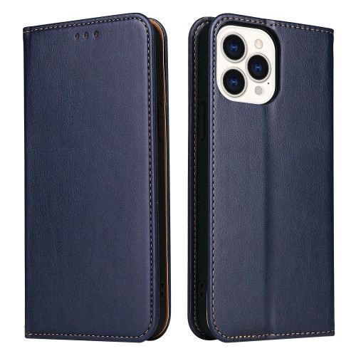Fierre Shann PU Leather Texture Horizontal Flip Leather Case with Holder & Card Slots & Wallet for iPhone 13 Pro Max (Blue)