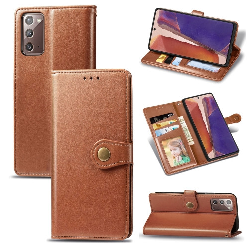 Retro Solid Color Leather Buckle Phone Case with Lanyard & Photo Frame & Card Slot & Wallet & Stand Function for Samsung Galaxy Note 20 (Brown)