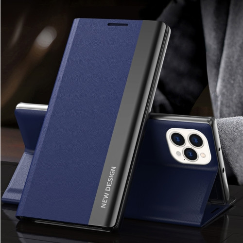 Side Electroplated Magnetic Ultra-Thin Horizontal Flip Leather Case with Holder for iPhone 13 Pro Max (Blue)