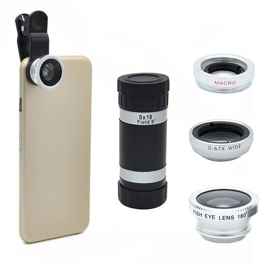 4 in 1 Universal 180 Degree Fisheye Lens + Marco Lens + 0.67X Wide Lens + 8x Zoom Telescope Telephoto Lens with Clip