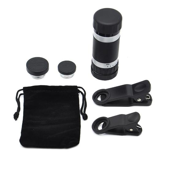 4 in 1 Universal 180 Degree Fisheye Lens + Marco Lens + 0.67X Wide Lens + 8x Zoom Telescope Telephoto Lens with Clip